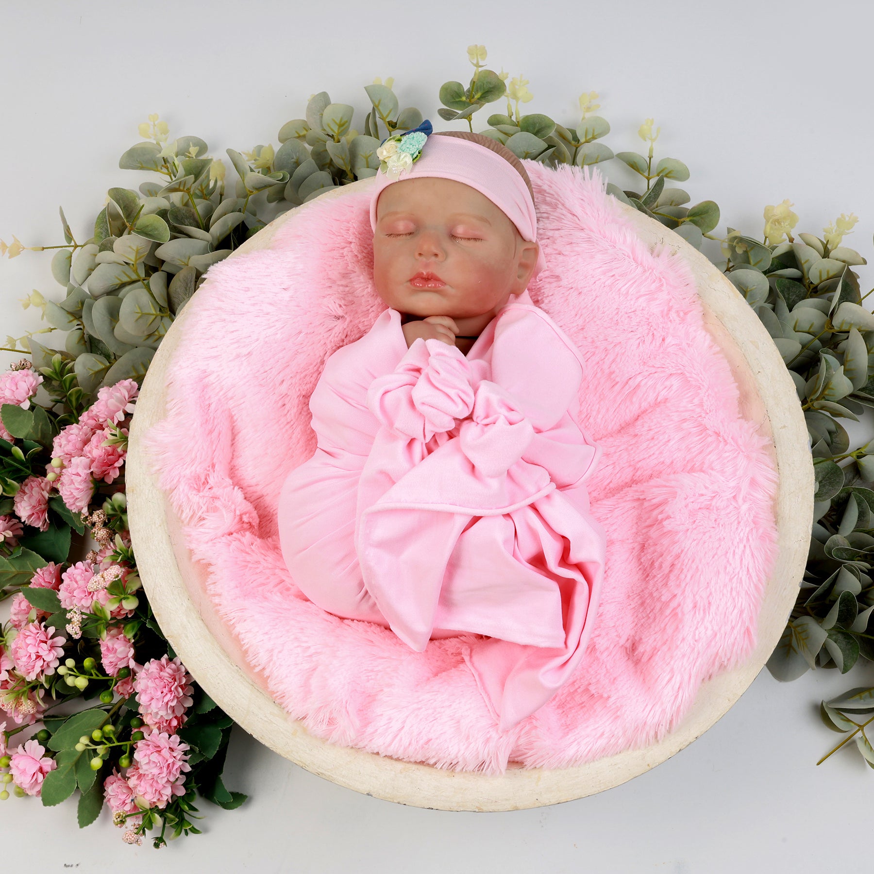 Pink Baby Wrap & Headband Set – Soft & Stretchy Newborn Photography Prop with Floral Headband for Milestone Photoshoots