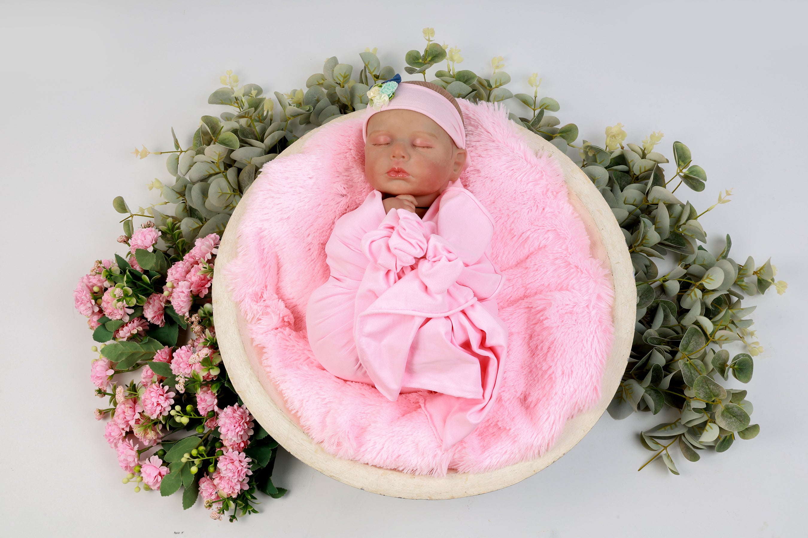 Pink Baby Wrap & Headband Set – Soft & Stretchy Newborn Photography Prop with Floral Headband for Milestone Photoshoots