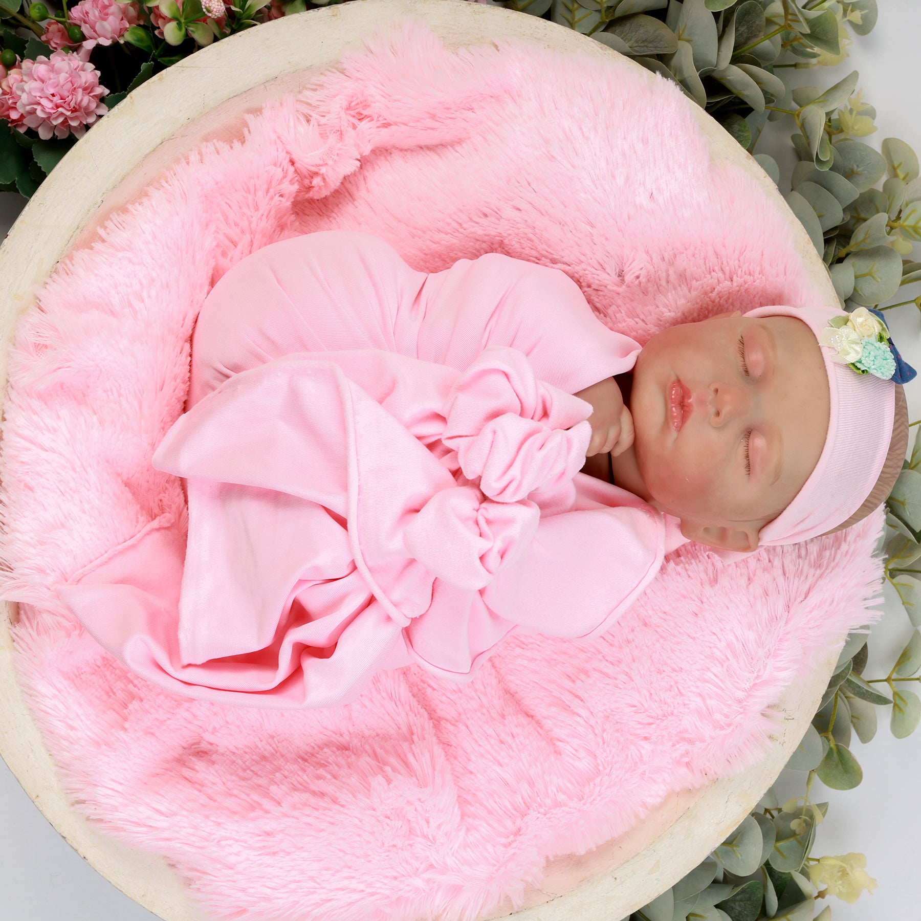Pink Baby Wrap & Headband Set – Soft & Stretchy Newborn Photography Prop with Floral Headband for Milestone Photoshoots