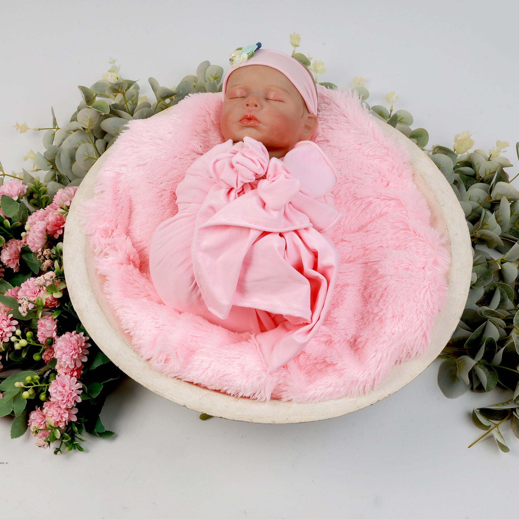 Pink Baby Wrap & Headband Set – Soft & Stretchy Newborn Photography Prop with Floral Headband for Milestone Photoshoots