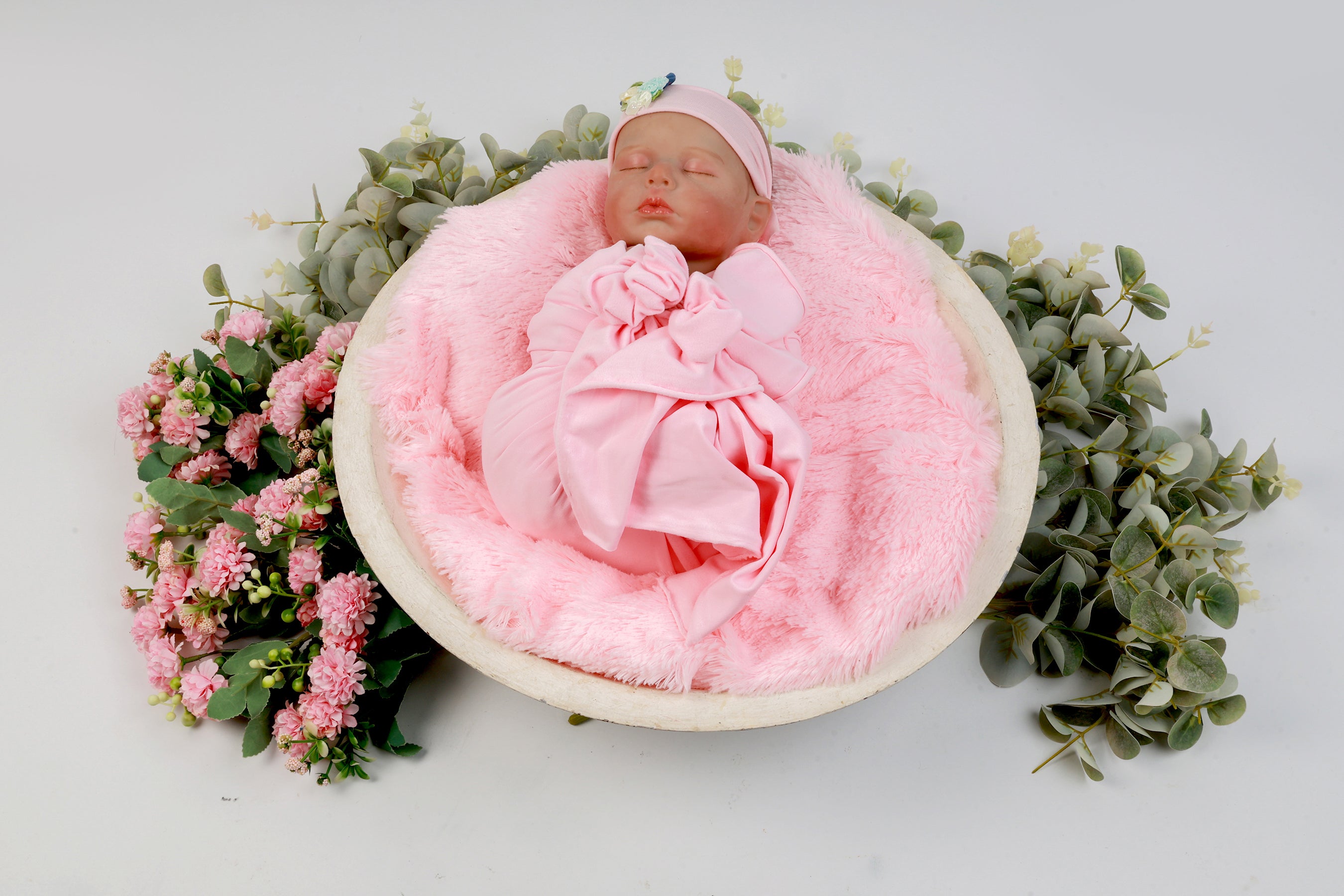 Pink Baby Wrap & Headband Set – Soft & Stretchy Newborn Photography Prop with Floral Headband for Milestone Photoshoots