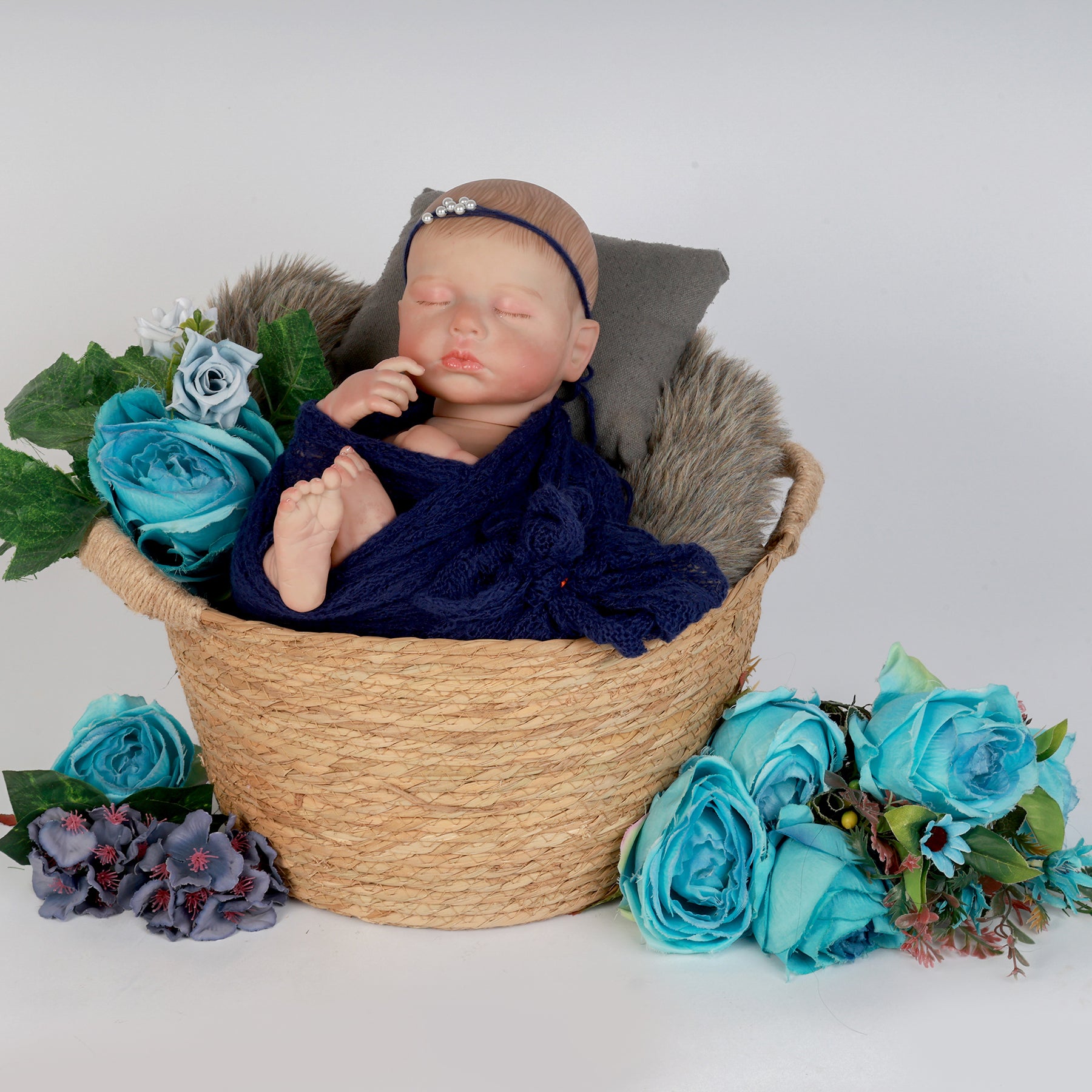 Navy Blue Newborn Wrap & Headband Set – Elegant Baby Photography Prop with Pearl Detailing