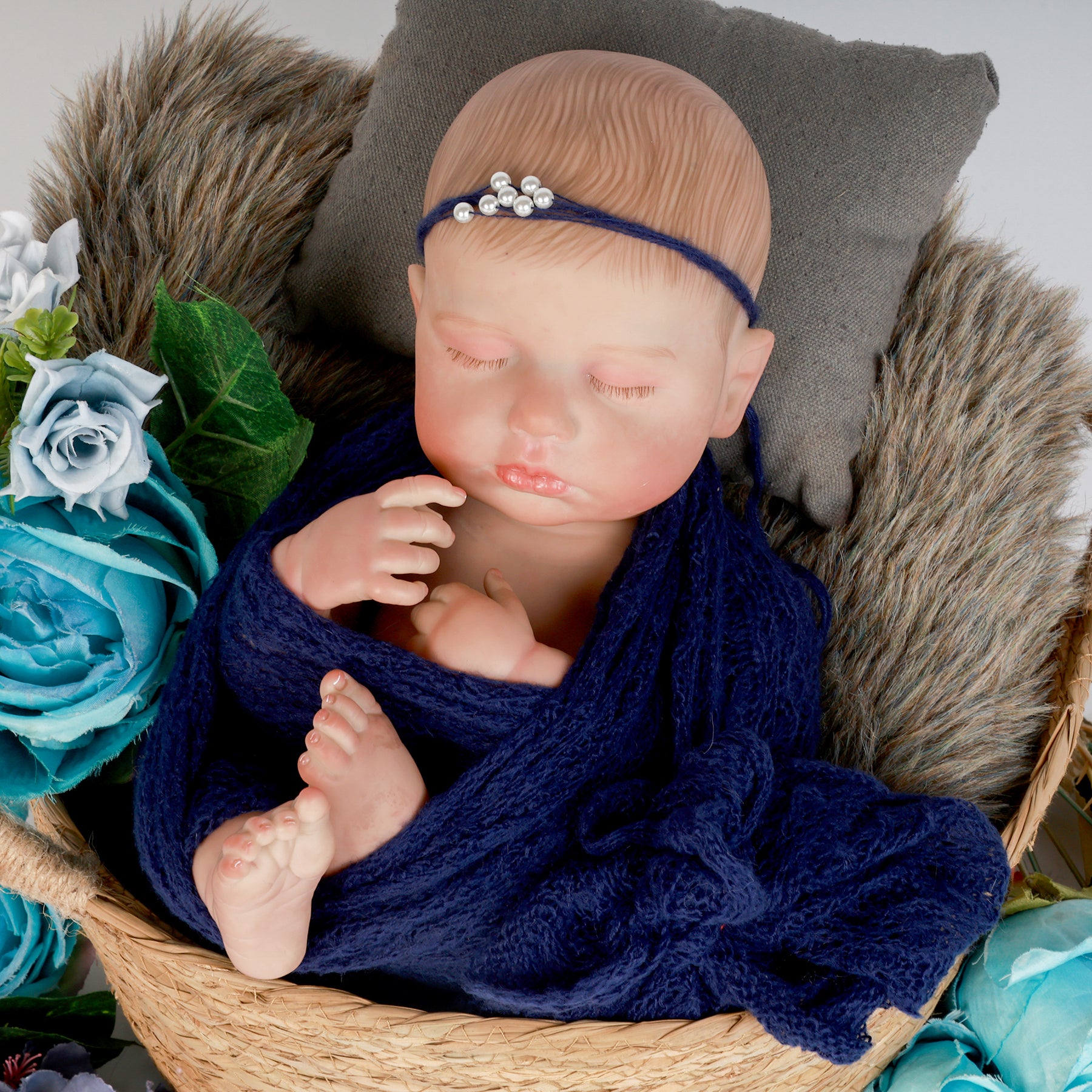 Navy Blue Newborn Wrap & Headband Set – Elegant Baby Photography Prop with Pearl Detailing