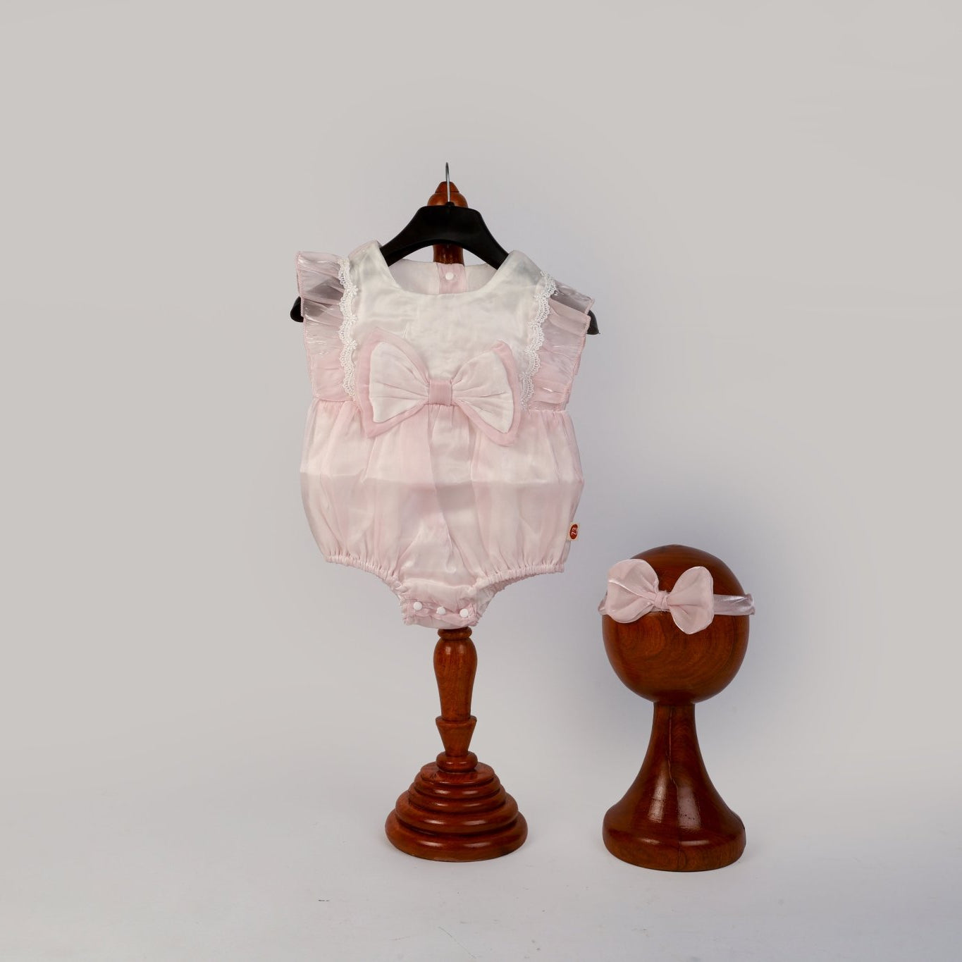 Baby Girl Photoshoot Dresses - Pink Satin Bow Romper with Headband - Tiny Prop Store