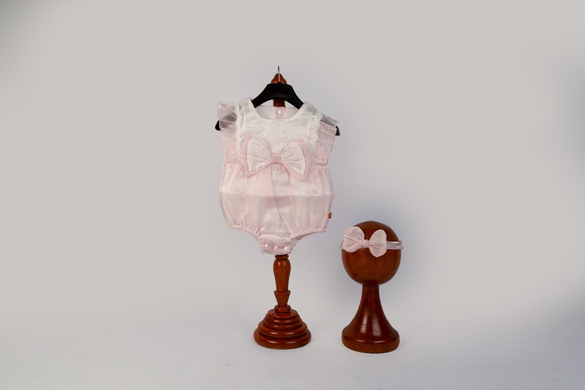Baby Girl Photoshoot Dresses - Pink Satin Bow Romper with Headband - Tiny Prop Store