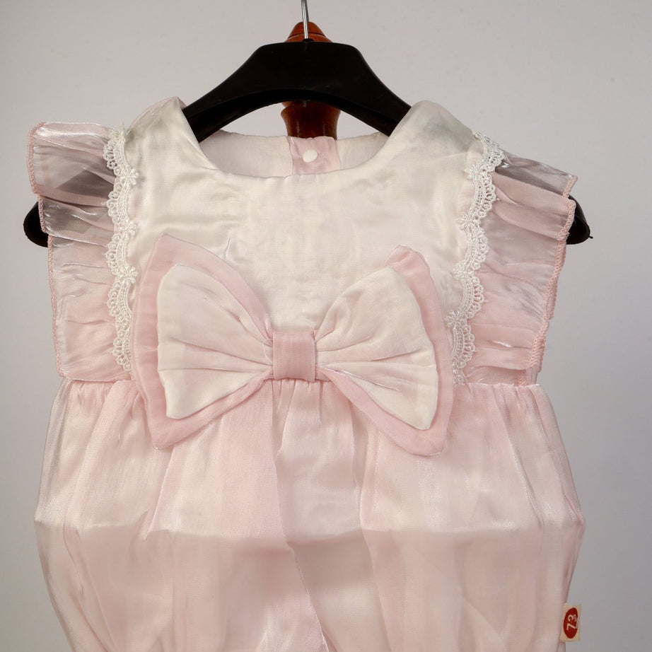 Baby Girl Photoshoot Dresses - Pink Satin Bow Romper with Headband - Tiny Prop Store