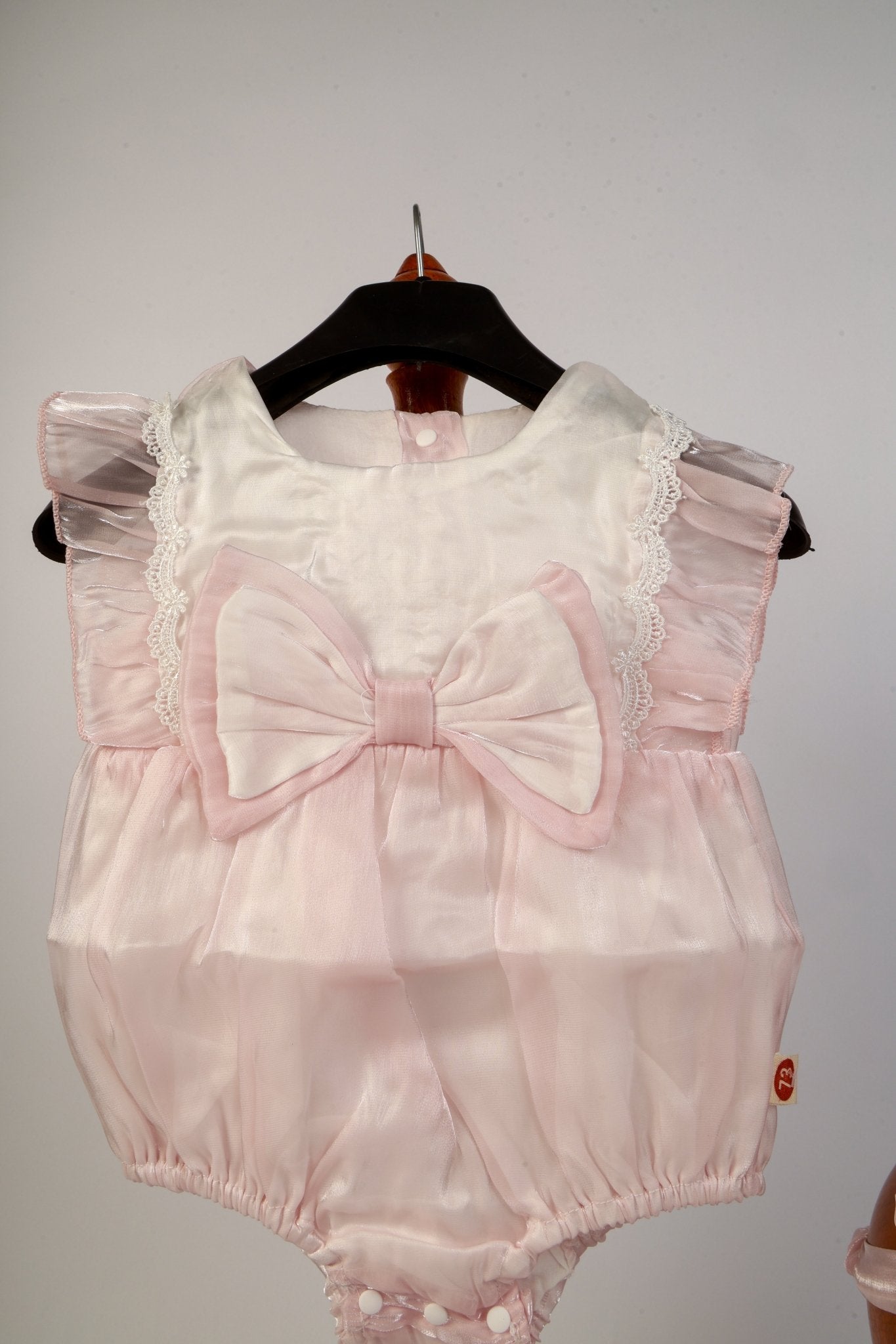 Baby Girl Photoshoot Dresses - Pink Satin Bow Romper with Headband - Tiny Prop Store