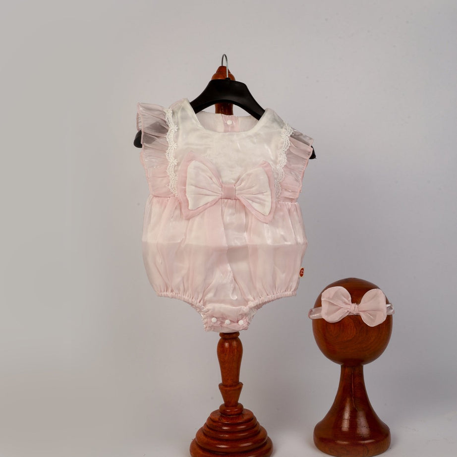 Baby Girl Photoshoot Dresses - Pink Satin Bow Romper with Headband - Tiny Prop Store