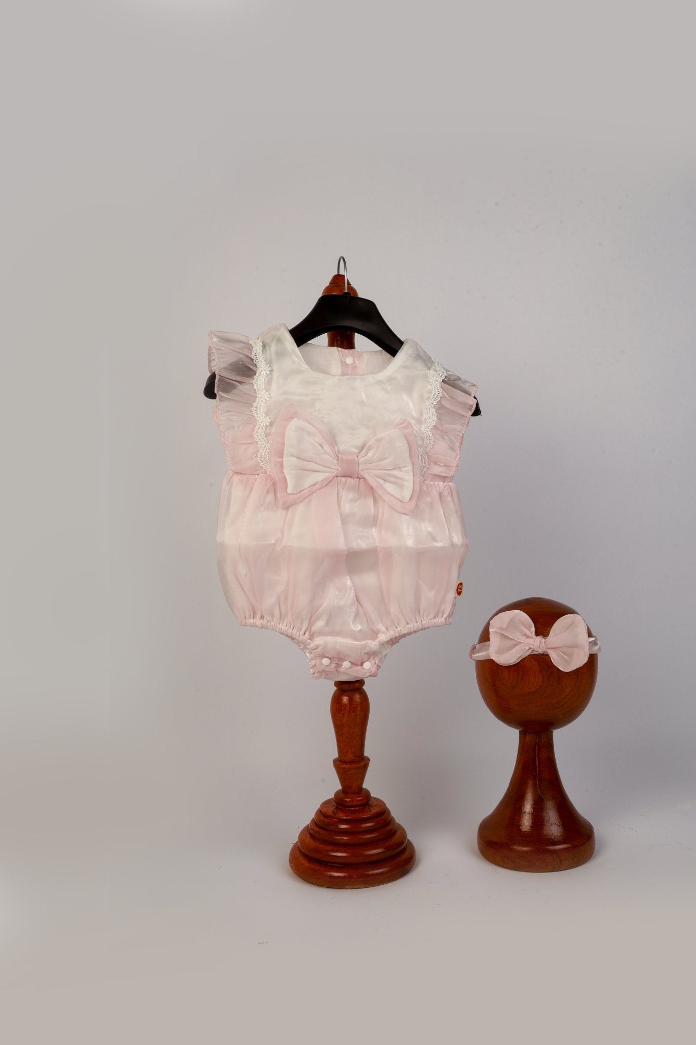 Baby Girl Photoshoot Dresses - Pink Satin Bow Romper with Headband - Tiny Prop Store