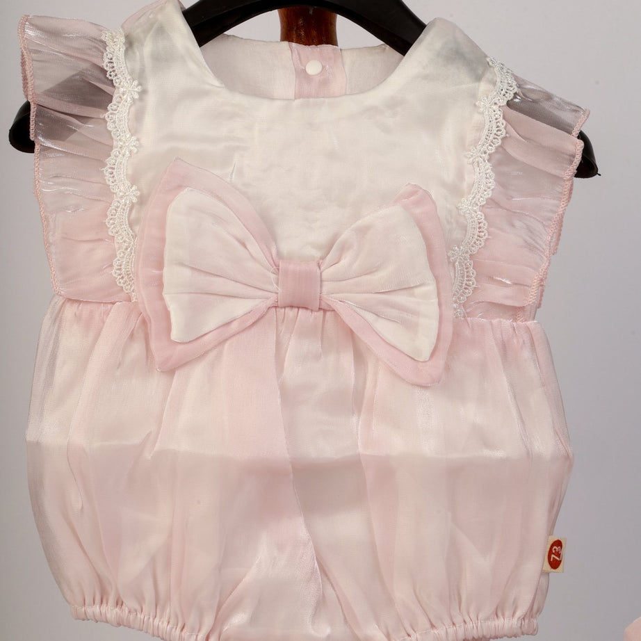Baby Girl Photoshoot Dresses - Pink Satin Bow Romper with Headband - Tiny Prop Store