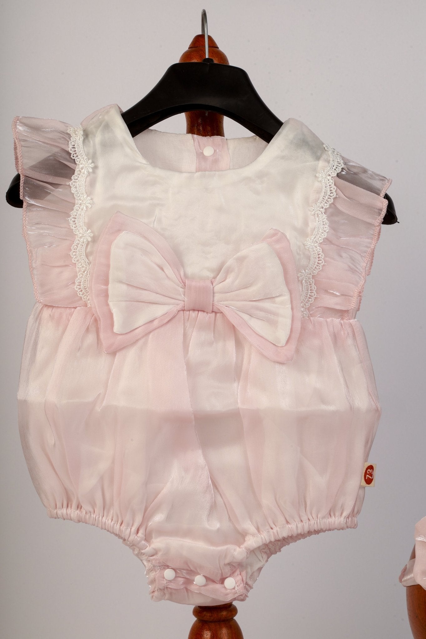 Baby Girl Photoshoot Dresses - Pink Satin Bow Romper with Headband - Tiny Prop Store