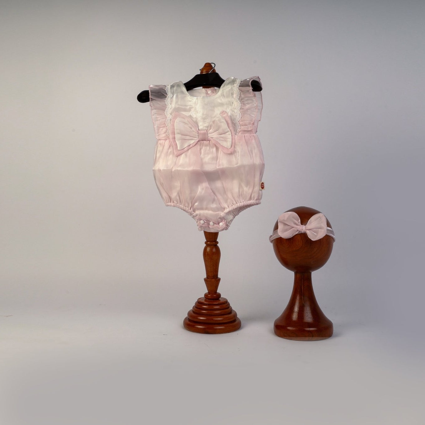 Baby Girl Photoshoot Dresses - Pink Satin Bow Romper with Headband - Tiny Prop Store