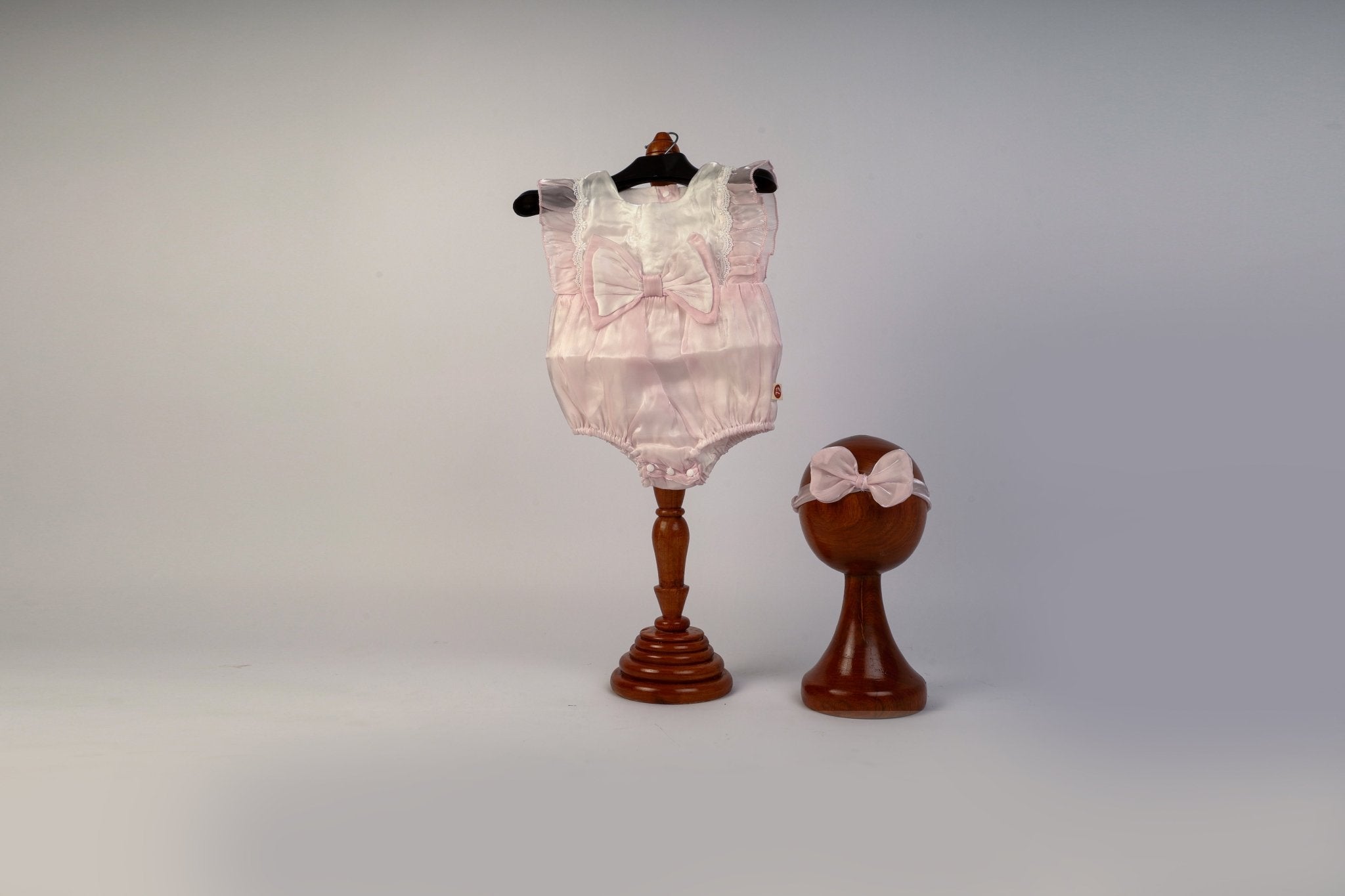 Baby Girl Photoshoot Dresses - Pink Satin Bow Romper with Headband - Tiny Prop Store