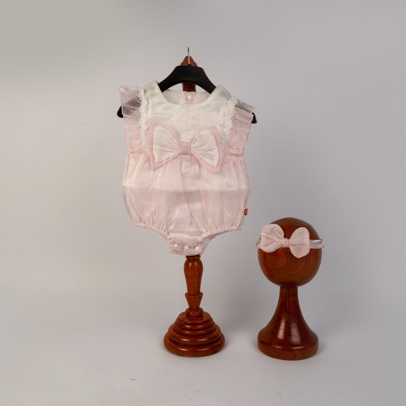 Baby Girl Photoshoot Dresses - Pink Satin Bow Romper with Headband - Tiny Prop Store