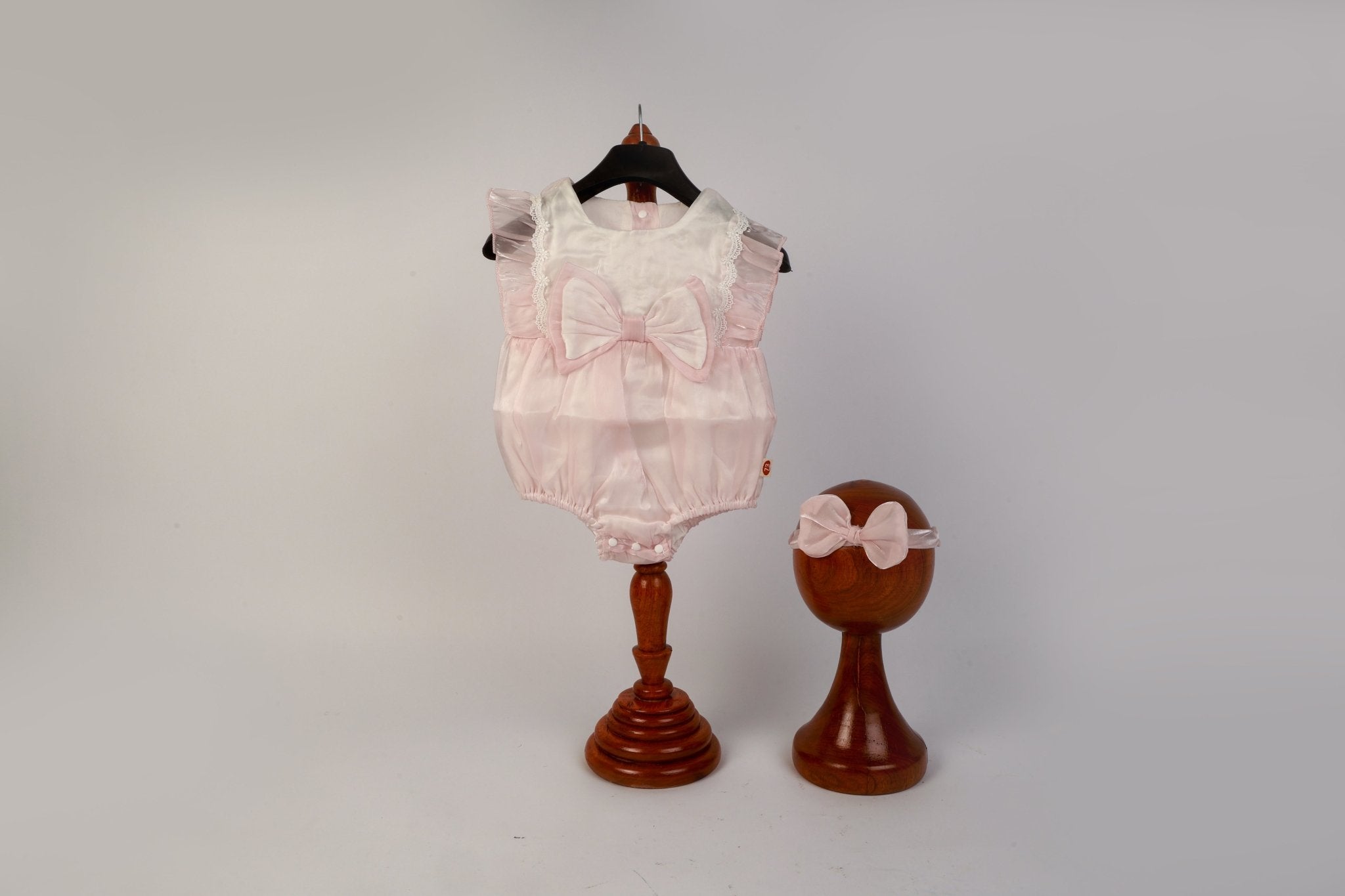 Baby Girl Photoshoot Dresses - Pink Satin Bow Romper with Headband - Tiny Prop Store