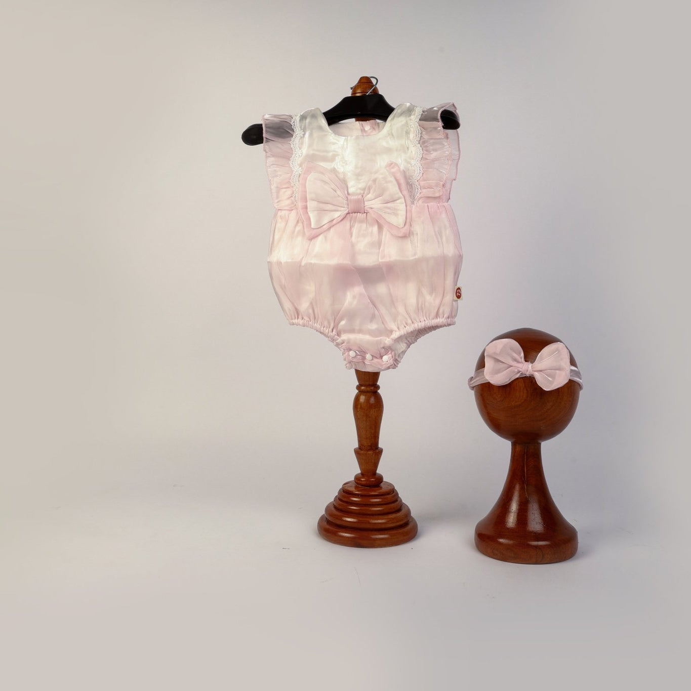 Baby Girl Photoshoot Dresses - Pink Satin Bow Romper with Headband - Tiny Prop Store