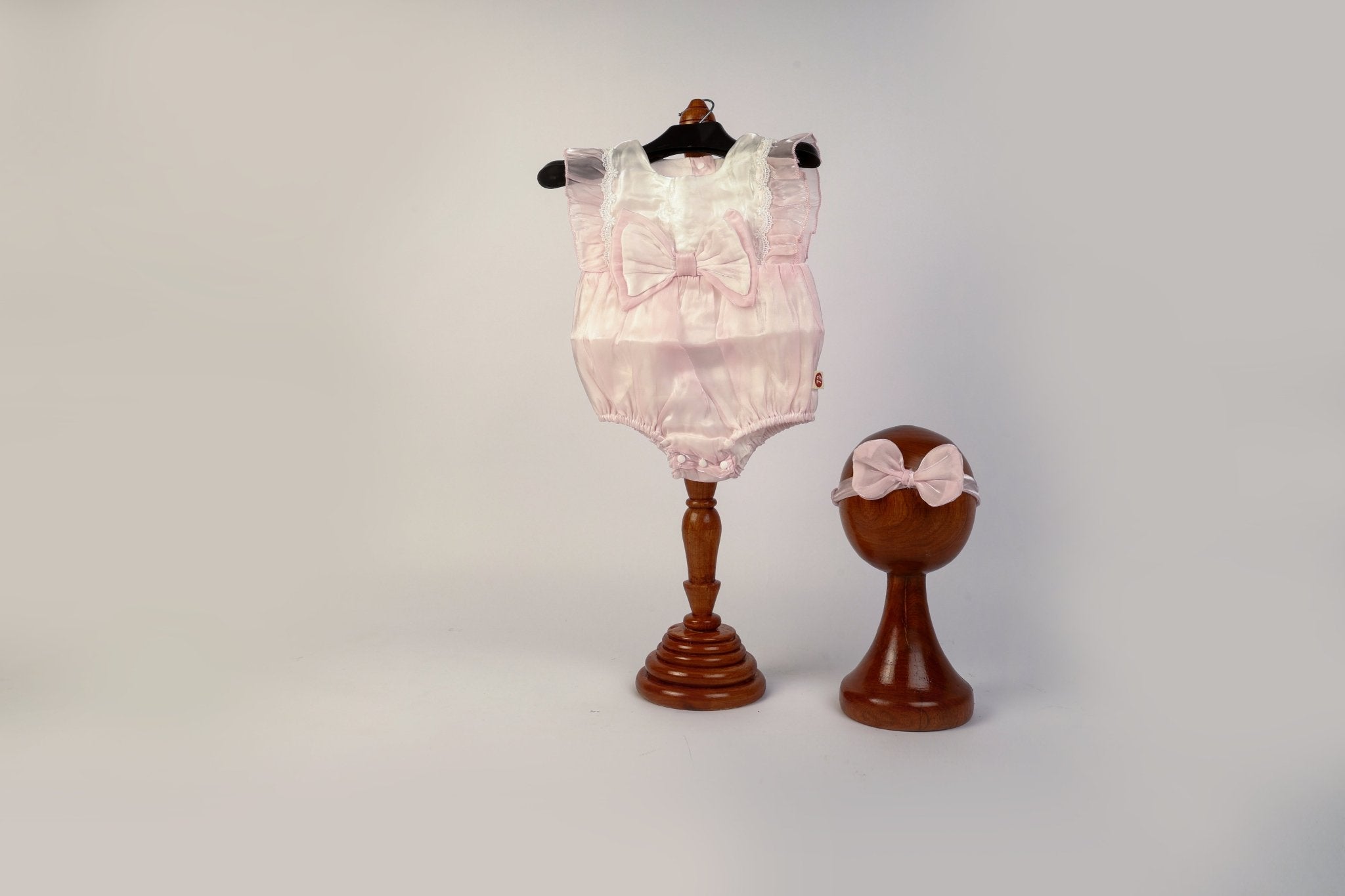 Baby Girl Photoshoot Dresses - Pink Satin Bow Romper with Headband - Tiny Prop Store