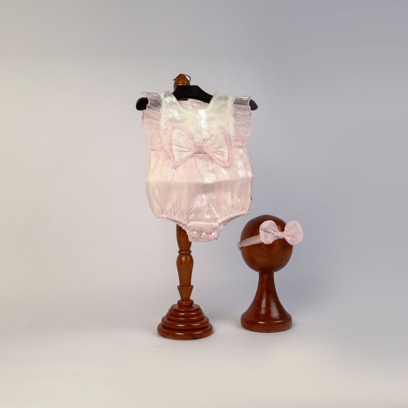 Baby Girl Photoshoot Dresses - Pink Satin Bow Romper with Headband - Tiny Prop Store