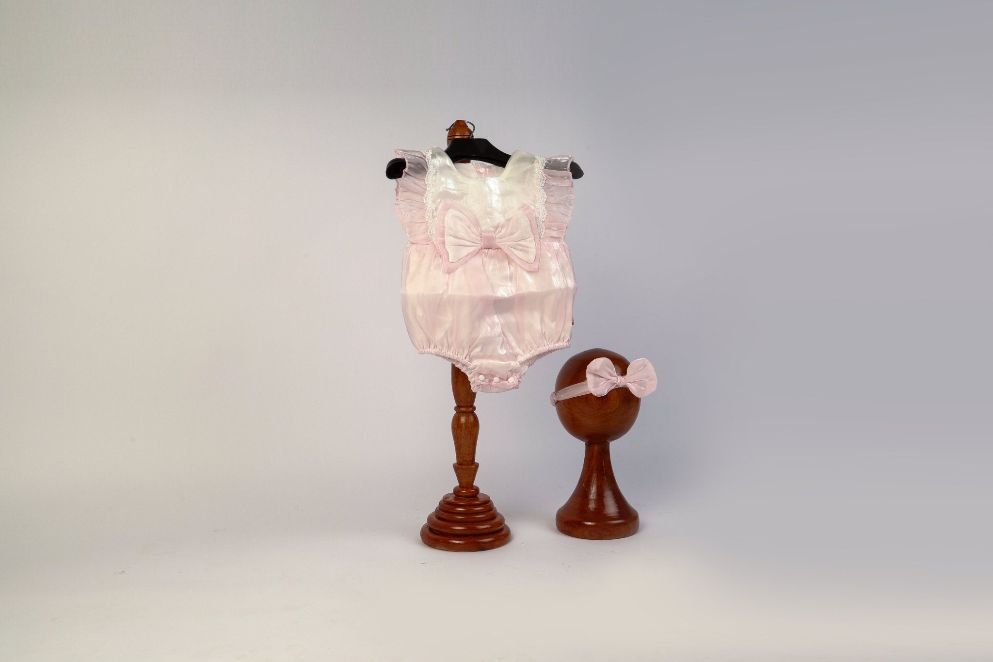 Baby Girl Photoshoot Dresses - Pink Satin Bow Romper with Headband - Tiny Prop Store