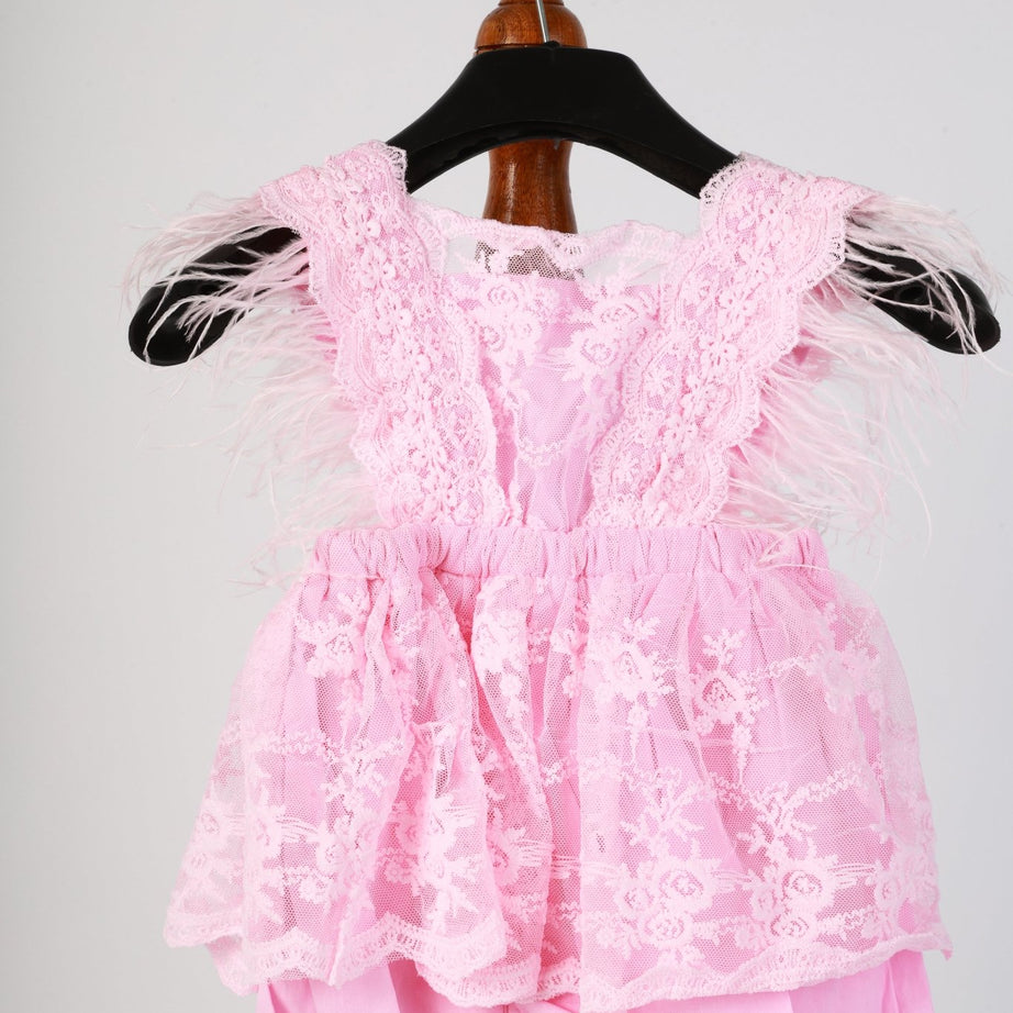 Pink Feather Lace Princess Romper – Newborn & Baby Girl Photoshoot Outfit - Tiny Prop Store